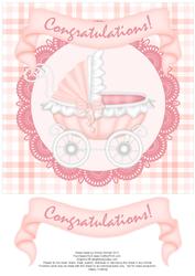 Congratulations Pram 8x8 Decoupage Card - Baby Girl - Pink