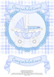 Congratulations Pram 8x8 Decoupage Card - Baby Boy - Blue