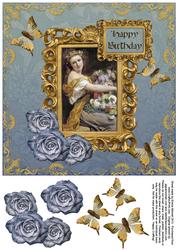Vintage Lady in Frame 8x8 Decoupage Card 8 - Blue & Gold