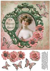 Vintage Lady in Frame 8x8 Decoupage Card 10 - Pink & Green