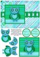 Hootie Owl Decoupage Card Front - Green & Blue