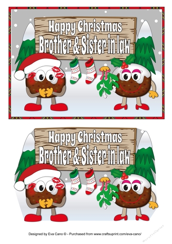 Crazy Christmas Pudding Couple with Mistletoe and sign BROTHER & SISTER IN LAW 5x7