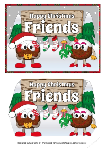 Crazy Christmas Pudding Couple with Mistletoe and sign FRIENDS 5x7