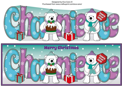 Monty Polar Bear and friend with Christmas pudding and sign CHANIECE large dl