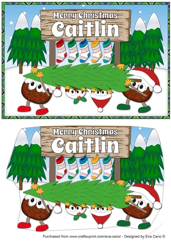 Crazy Christmas Puddings taking the Christmas Tree home and sign CAITLIN