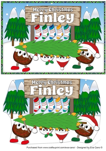 Crazy Christmas Puddings taking the Christmas Tree home and sign FINLEY