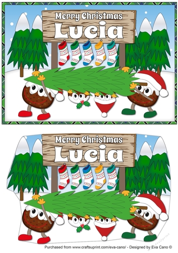 Crazy Christmas Puddings taking the Christmas Tree home and sign LUCIA