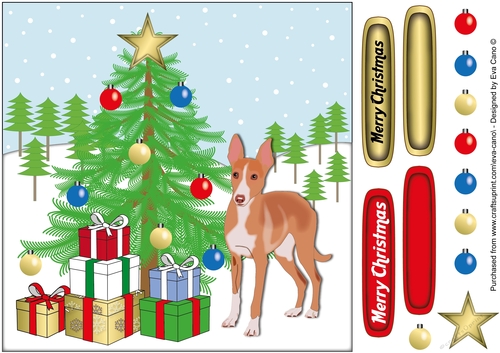 8x8 Christmas Podenco dog and Christmas tree