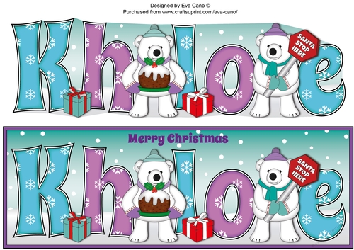 Monty Polar Bear and friend with Christmas pudding and sign KHLOE large dl