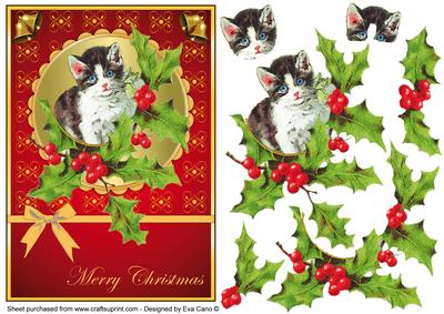 Christmas Cat with Holly Decoupage