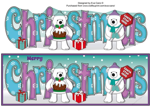 Monty Polar Bear and friend with Christmas pudding and sign CHRISTMAS large dl
