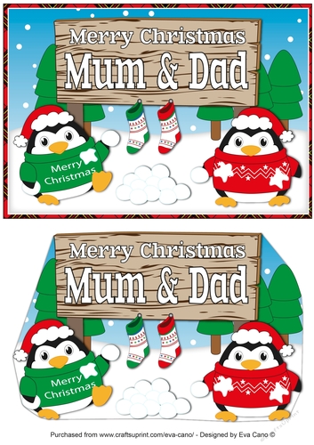 Christmas Fat Penguins with sign MUM & DAD a5
