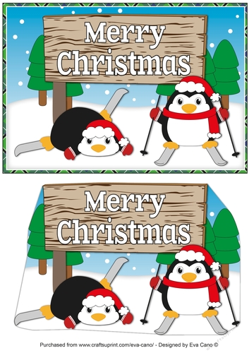 Christmas Fat Penguins Skiing with sign CHRISTMAS a5