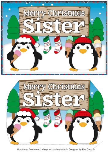 Christmas Fat Penguins Eating Ice Cream with sign SISTER a5