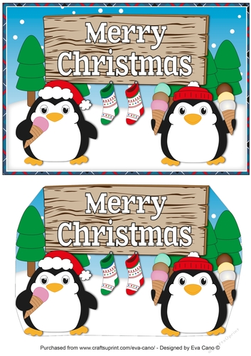 Christmas Fat Penguins Eating Ice Cream with sign CHRISTMAS a5