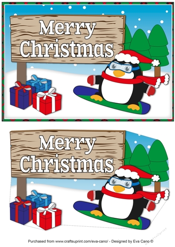 Christmas Fat Penguin Snowboarding with sign CHRISTMAS a5