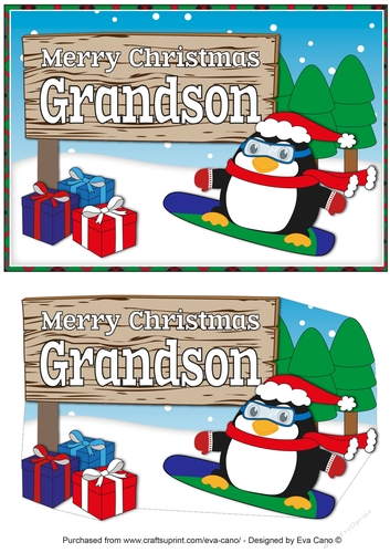 Christmas Fat Penguin Snowboarding with sign GRANDSON a5