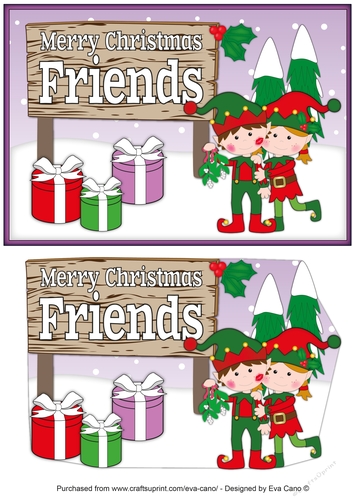 Christmas Elves with Mistletoe and sign FRIENDS