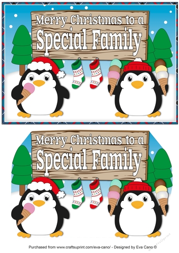 Christmas Fat Penguins Eating Ice Cream with sign SPECIAL FAMILY a5