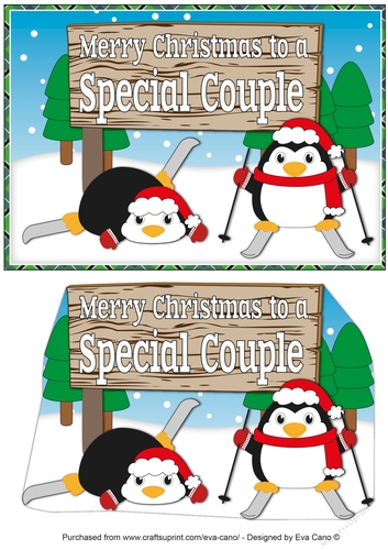Christmas Fat Penguins Skiing with sign SPECIAL COUPLE a5