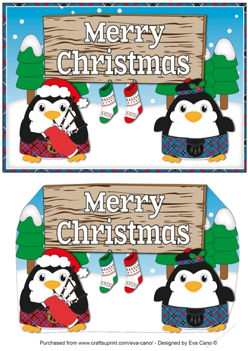 Scottish Christmas Fat Penguins with sign CHRISTMAS a5