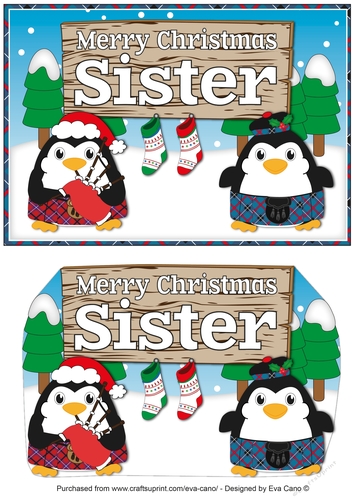 Scottish Christmas Fat Penguins with sign SISTER a5