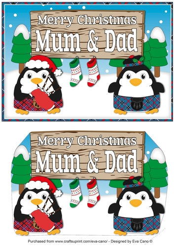 Scottish Christmas Fat Penguins with sign MUM & DAD a5