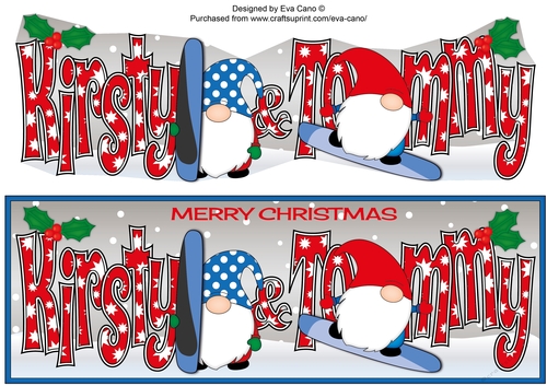 Christmas Gnomes snowboarding KIRSTY & TOMMY large dl