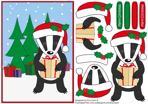 Christmas Billy the Badger with presents decoupage a5