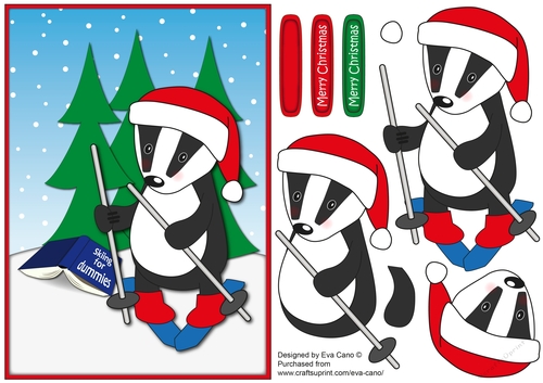 Christmas Billy the Badger skiing decoupage a5