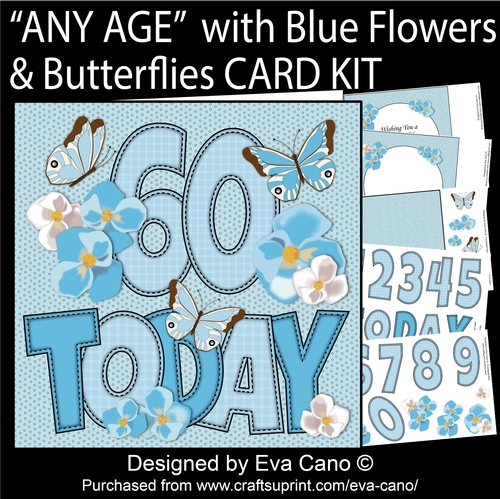 ANY AGE with blue flowers & butterflies card kit