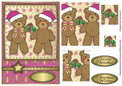 Christmas Teddies with Mistletoe Pyramid Pink