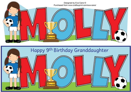 Girl Footballer in blue MOLLY 9th Granddaughter large dl