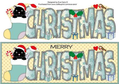 Cat in Blue Stocking Christmas Large Dl