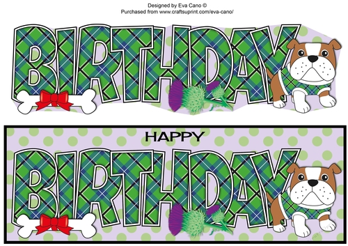 Bertie Bulldog in green tartan coat BIRTHDAY large dl