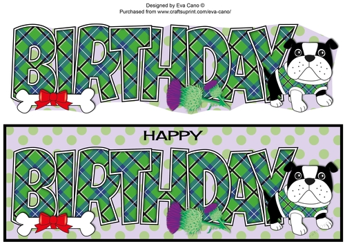 Bertie Bulldog in green tartan coat BIRTHDAY large dl 2