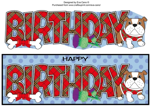 Bertie Bulldog in red tartan coat BIRTHDAY large dl