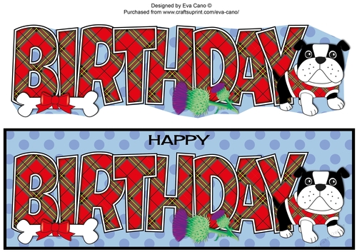 Bertie Bulldog in red tartan coat BIRTHDAY large dl 2