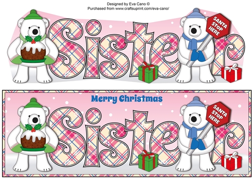 Monty Polar Bear and friend with Christmas pudding and sign SISTER large dl 2