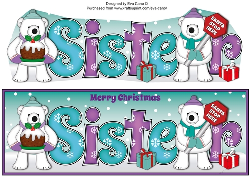 Monty Polar Bear and friend with Christmas pudding and sign SISTER large dl 3