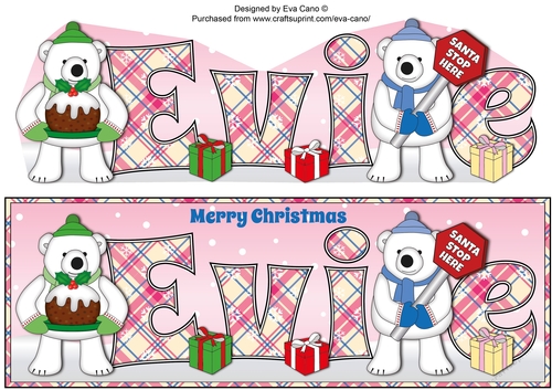 Monty Polar Bear and friend with Christmas pudding and sign EVIE large dl