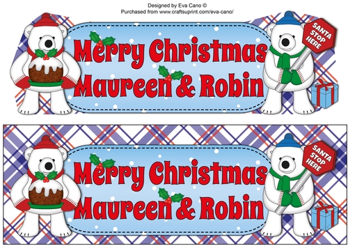 Monty Polar Bear and friend with Christmas pudding and sign MAUREEN & ROBIN large dl
