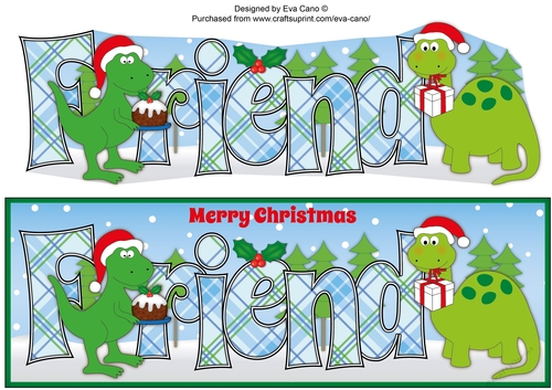 Christmas Dinosaurs with Christmas pudding and present FRIEND large dl