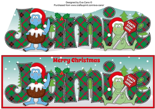 Christmas Dinosaurs with Christmas pudding and sign JAMIE large dl