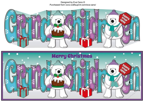 Monty Polar Bear and friend with Christmas pudding and sign GRANDCHILDREN large dl