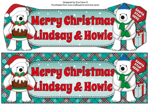 Monty Polar Bear and friend with Christmas pudding and sign LINDSAY & HOWIE large dl