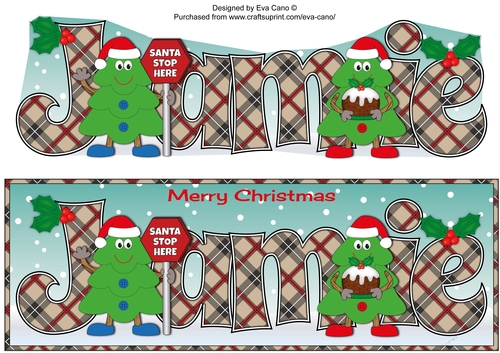 Crazy Christmas Trees with Christmas pudding & sign JAMIE large dl
