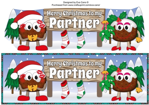 Crazy Christmas Pudding Couple with Mistletoe and big sign PARTNER large dl
