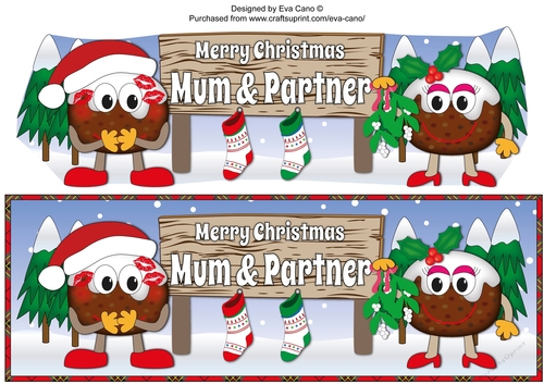 Crazy Christmas Pudding Couple with Mistletoe and big sign MUM & PARTNER large dl