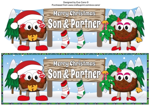 Crazy Christmas Pudding Couple with Mistletoe and big sign SON & PARTNER large dl